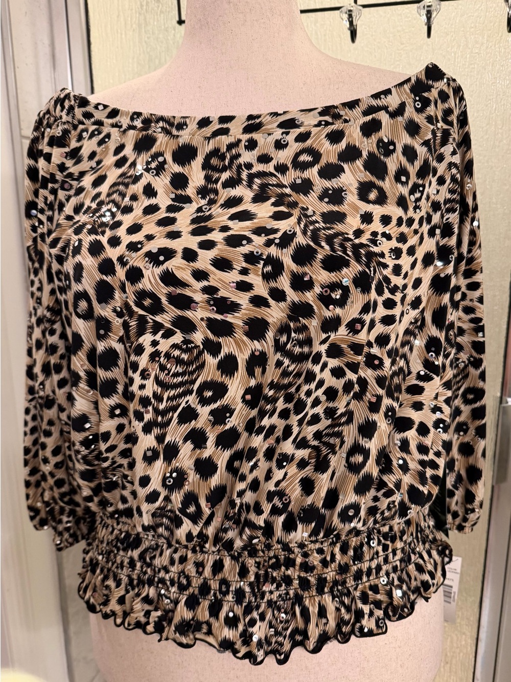 Blu Sage Beige and Black Leopard-Print Off-Shoulder Blouse